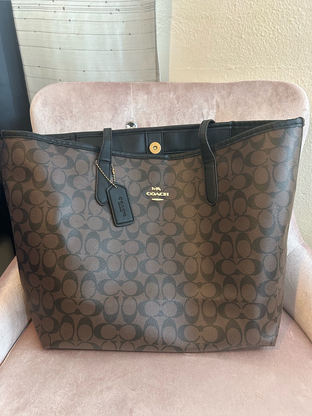 Large Coach City Tote In Signature Canvas Tote Brown & Black
